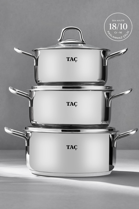 Taç Bengü Pro İndüksiyon Tabanlı 6 Parça Paslanmaz Çelik Tencere Seti (16-18-20 cm)