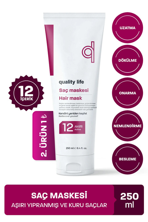 Quality Life 12 Aktifli Saç Bakım Maskesi Yanmış Yıpranmış Kuru Saçlar İçin Nemlendirici Onarıcı Hızlı Saç Uzatma