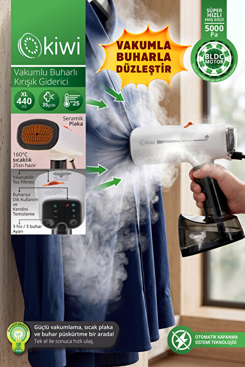 Kiwi KSI-6490 BLDC Motor Vakumlu 2100W Buharlı Dikey Ütü | 5000Pa Emiş & 3 Mod & 440 ml XL Su Tankı