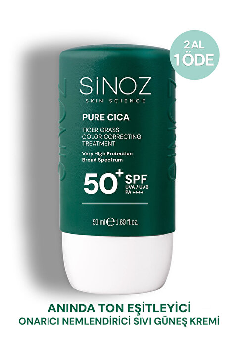 Sinoz Pure Cica Tiger Grass Anında Ton Eşitleyici Onarıcı Nemlendirici SPF50+ Sıvı Yüz Güneş Kremi PA++++ (Koyu Tenler İçin)