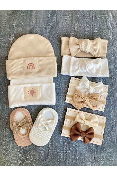 pempem bandana Kız bebek hediye bere bandana saç bandı çorap set soft tonlar