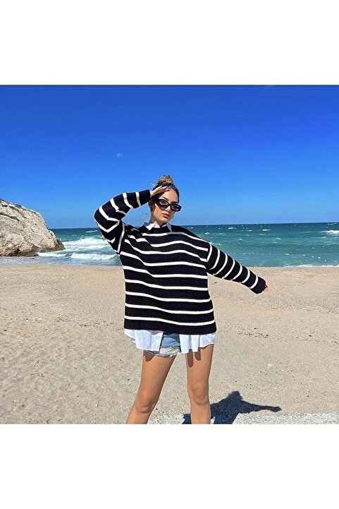 Chichisheen Çizgili Oversize Kazak Kzkk177