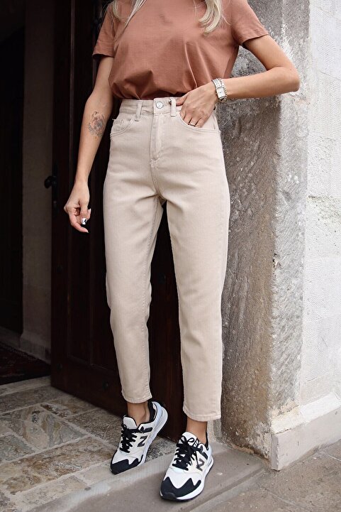 ByCukurovaFrango Yüksek Bel Bej Rengi Mom Jeans Likralı Esnek Kot Pantolon