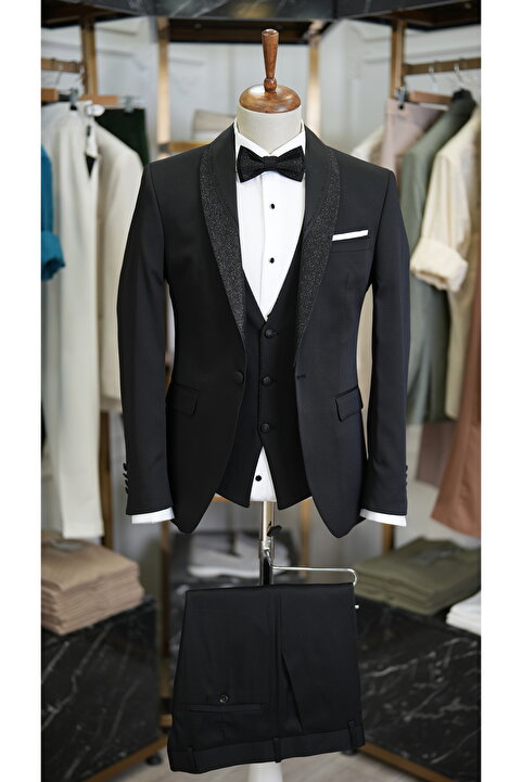 LONATOLİA Erkek Smokin Damatlık İtalyan Kesim Slim Fit Ceket Yelek Pantolon-Siyah