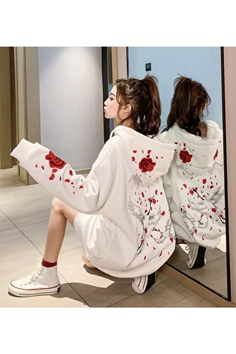 Tarzsokak Büyük Beden Kapüşonlu Farmuarlı Japon Red Rose Baskılı Oversize Kadın Ceket-sweatsh Beyaz