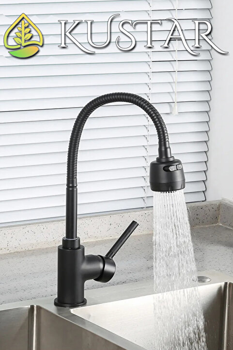 KUSTAR 2 FONKSİYONLU SPİRALLİ 360 DERECE DÖNER BORULU TAM SİYAH ASUR BANYO LAVABO BATARYASI