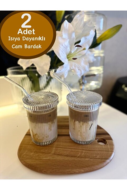 KÜÇÜK EW 2 Adet 350 Ml Cam Kapaklı Pipetli Origami Stil Cam Bardak | Kahve Ve Sunum Bardağı| Meşrubat Bardağı