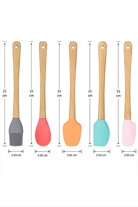 KÜÇÜK EW 5 Parça Mini Silikon Spatula Kaşık Fırça Seti - High Quality - Bambu Saplı