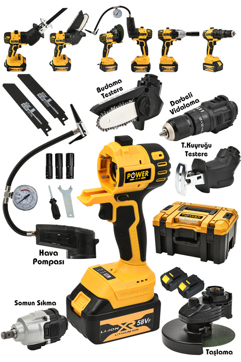 POWER BLACK 6 Lı Pro Set Taşlama Şarjlı Matkap Testere Tilki Kuyruğu Havalı Pompa Somun Sökme Sarı