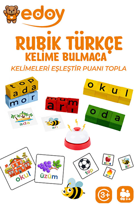 edoy Montessori Eğitici Oyuncaklar - Türkçe Bulmaca Oyunu 16 Küp 40 Türkçe Kart Ve Zil Eğitici Oyuncak