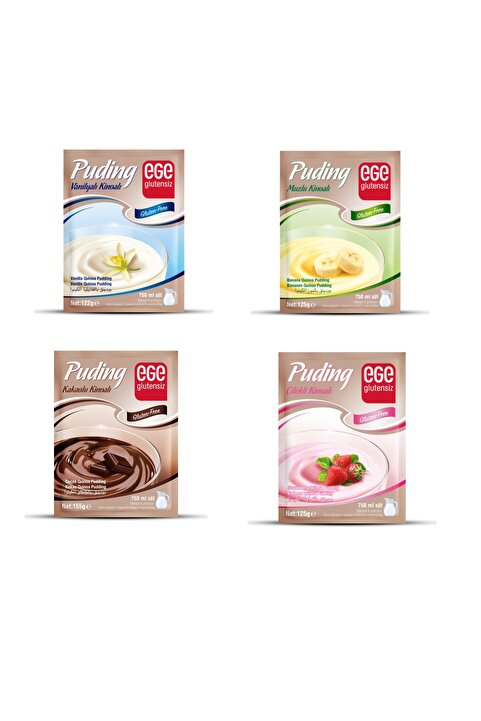 tekçe EGE GLUTENSİZ KİNAOLU VANİLYA,KAKAOLU,ÇİLEK VE MUZ PUDİNG 4 LÜ SET