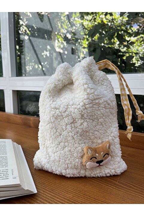 Sumicorn Design Sevimli Peluş Köpekli Pötikareli Astarlı Büzgülü İpli Düzenleyici Kese Makyaj Çantası Bez Poşet
