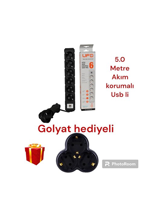 UFO Akım Korumalı Usb Sarj Aleti 6 Lı 5 Metre Siyah Topraklı Grup Priz Golyat Hediyeli