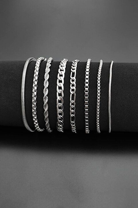 The Collection 8'li Zincir Gümüş Renk Erkek Bileklik Seti (GÜMÜŞ RENK BİLEKLİK SETİ)