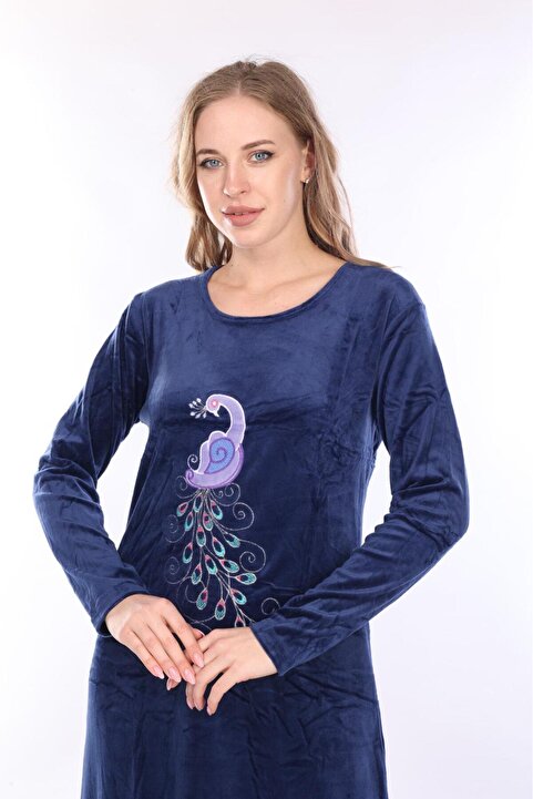 mervemoda Kadın Lacivert önü işleme detaylı kadife uzun elbise