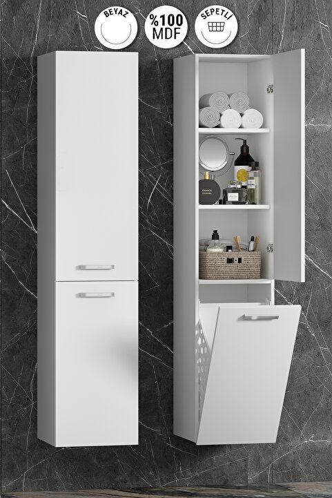 ÖZCEDEN Yeni Boy 35*167 cm Beyaz MDF Sepetli Asma Banyo Boy Dolabı