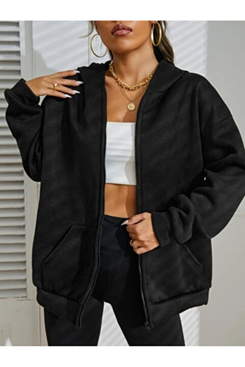 Relax&Basic Siyah 2 ip Örme Kumaş Kapüşonlu Fermuarlı Sweatshirt