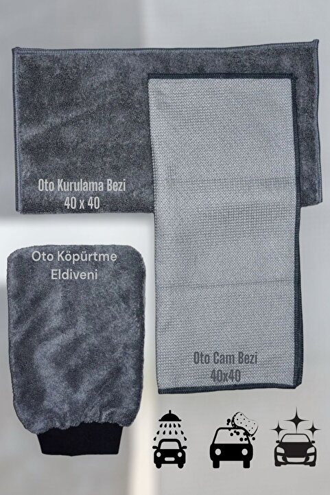 Fine Clean 3'lü Mikrofiber Oto Yıkama Araba Kurulama Seti Kurulama Eldiven Cam Bezi