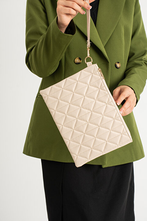 Defnella Krem Desenli Portföy Clutch Çanta 25x19 Cm