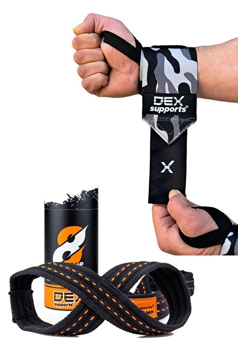Dex Supports Lasting Energy Turuncu Kamuflaj Wrist Wraps Spor Bileklik , 8 Loop Lifting Straps 2'li Set