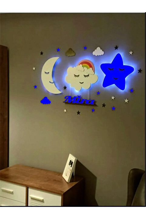 Lowenart Çocuk Odası Dekoratif Ahşap Ay Gökkuşağı Bulut Yıldız Gece Lambası Ledli Aydınlatma
