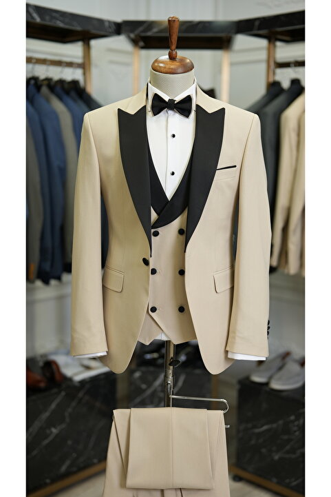 LONATOLİA Erkek Smokin Damatlık Kırlangıç Yaka İtalyan Stil Slim Fit Ceket Yelek Pantolon Papyon-La