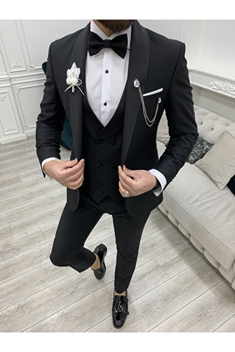 LONATOLİA Battal Boy Erkek Smokin Damatlık Şal Yaka İtalyan Kesim Slim Fit Ceket Yelek Pantolon Papyon-Siyah