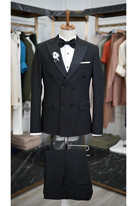 LONATOLİA Erkek Kruvaze Smokin Damatlık Kırlangıç Yaka İtalyan Kesim Slim Fit Ceket Pantolon Papyon-Siyah