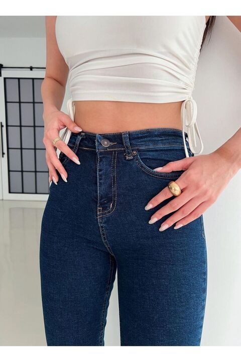 QİSSO Koyu Blue Kadın Mavi Dar Paça Skinny Fit Esnek Likralı Yüksek Bel Kot Pantolon