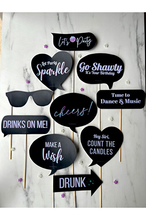 The Istanbul Event 10'lu Doğum Günü Çubuklu Siyah Konuşma Balonu Seti - It's Your Birthday - Let's Party