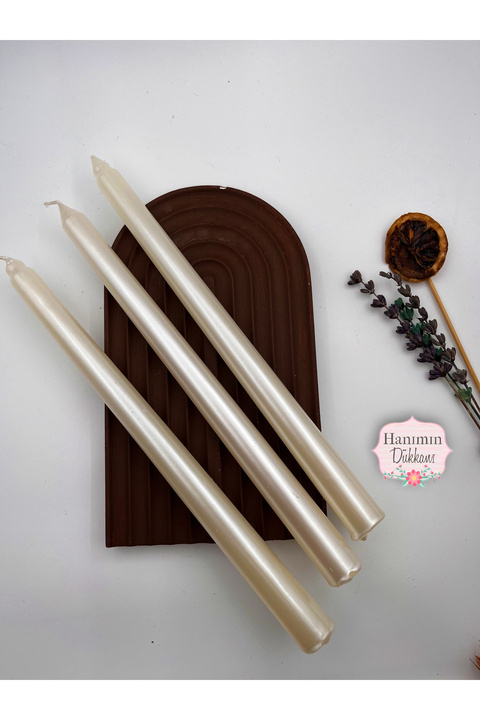 Verda Desing 🥇Dekoratif Metalik Beyaz İnci Şamdan Mumu 3 lü Set