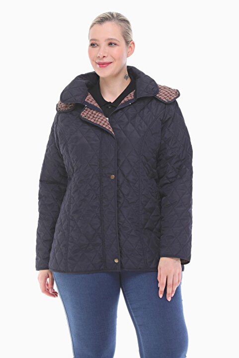 VETRE Kadın Büyük Beden Ekose 75 Cm Mevsimlik Lacivert Kapitone Mont 1024