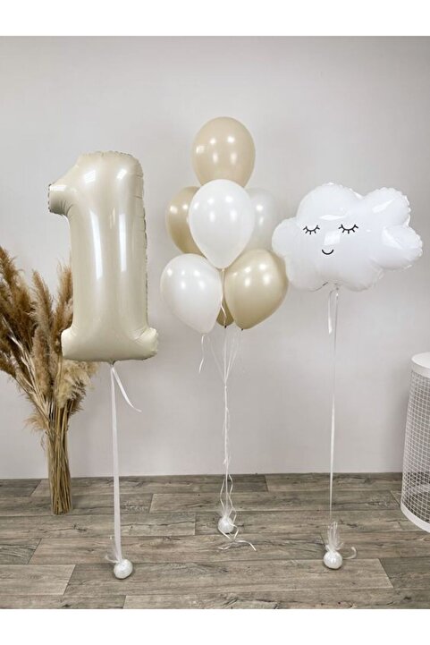 Atakent Süs Yaş Doğum Günü Set Bulut Folyo Balon Bej Krem Yaş Doğum Günü Set Yaş Pastel Folyo Balon