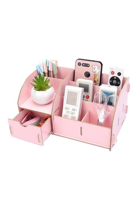 Notpa Pembe Çekmeceli Ahşap Masaüstü Kalemlik Kalem Kutusu Organizer Montajı Yapılmış Kutulu Ürün