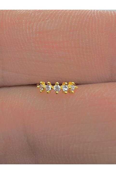MAZEN 925 Ayar Gümüş Hızma. Beş Taşlı Halka Zirkon Gold Renk