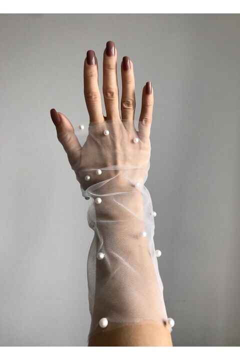 bbays new trend Kırık Beyaz Incili Gelin Eldiveni 1 Çift Likralı Esnek Tül Kolluk Kısa Nikah Eldiveni