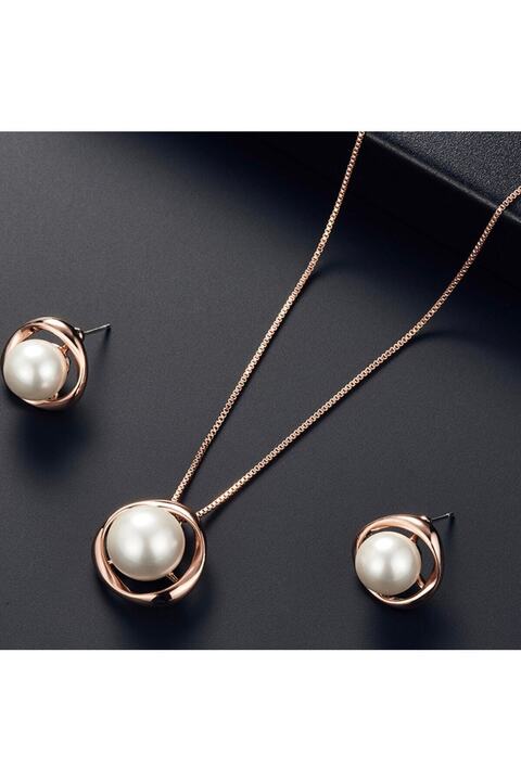 Takıtolia Pearl Inci Taşlı Rose Gold Kolye Küpe Sade Şık Gelin Düğün Hediye Takı Seti
