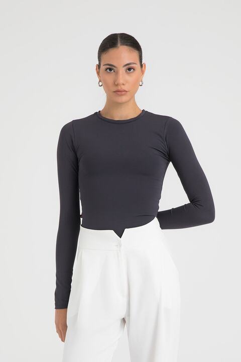 SHEISMONO Soft Touch Yuvarlak Yaka Bluz Füme