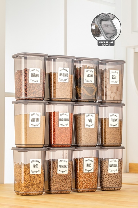 Meleni Home 12'li Etiketli Büyük Boy Baharatlık Seti - Kapaklı Kare Baharat Takımı Saklama Kabı 12x1100 Ml