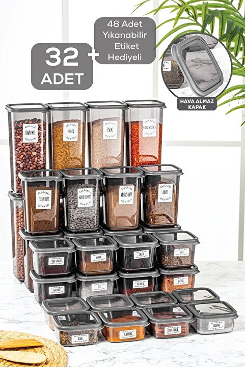 Meleni Home 32'li Etiketli Kapaklı Kare Erzak Saklama Kabı Seti 8x(0,3 LT-0,5 LT-1,1 LT-1,7 LT) Baharatlık
