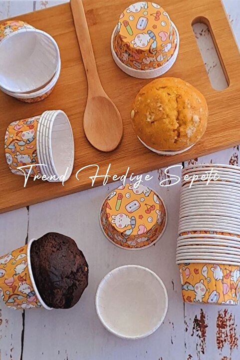 Trend Hediye Sepeti 50'li Tavşan Desenli Turuncu Muffin Cupcake Kalıbı Kek Kapsülü , Airfryer Uyumlu