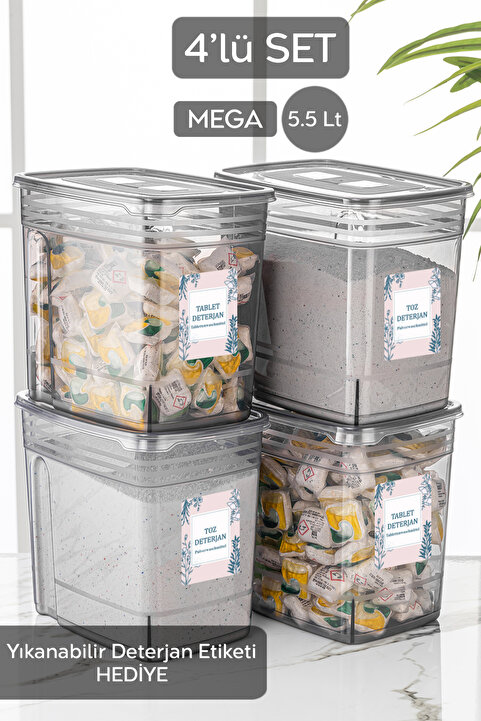 Meleni Home 4'lü Set - 5,5 Litre Jumbo Lena Toz Tablet Deterjan Saklama Kabı - Etiketli Kapaklı Saklama Kutusu