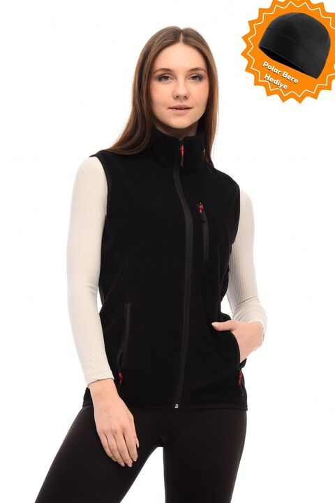 Ghassy Co Kadın Siyah Polar Çok Cepli Trekking Spor Yelek