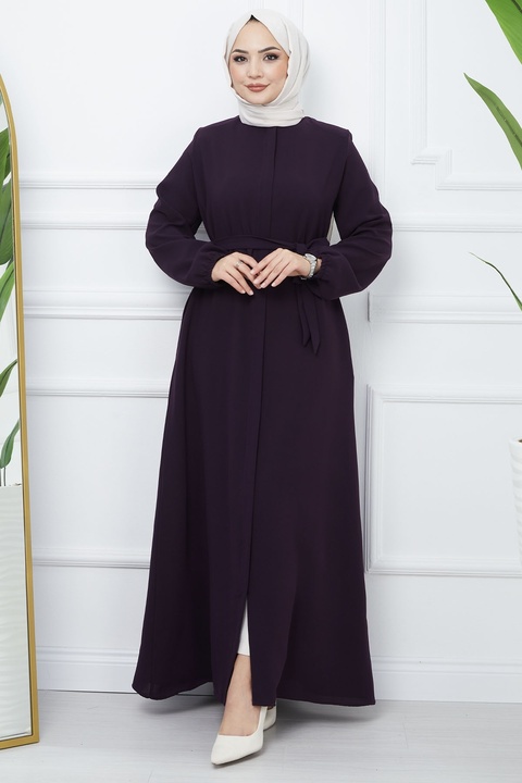 InStyle Kemerli Petek Kumaş Ferace - Mürdüm