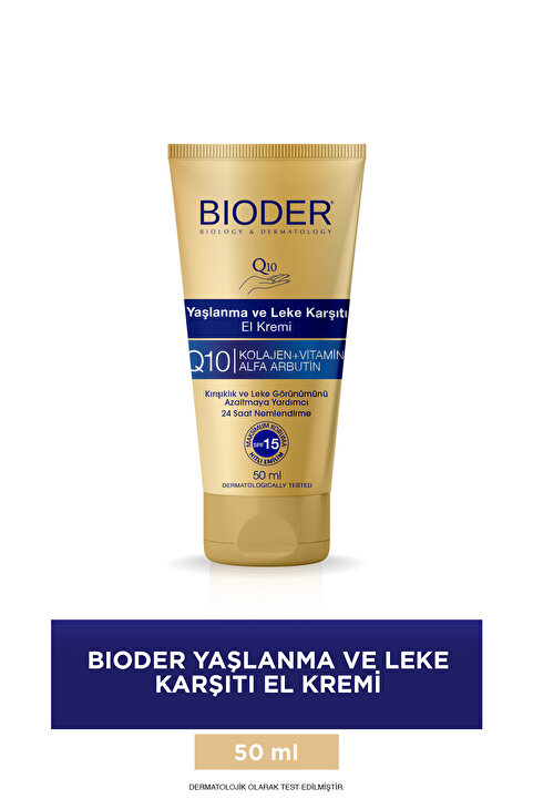 Bioder Yaşlanma Kırışıklık ve Leke Karşıtı El Kremi 50 Ml - Kolajen Q10 Arbutin C Vitamini SPF 15 Alkolsüz