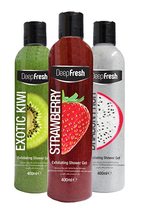 Deep Fresh Arındırıcı Peeling Duş Jeli Karma Paket 400 ml 3 Adet | Body Scrub | Çilek, Kivi, Ejder Meyvesi