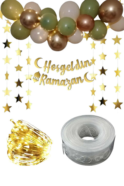 evdeucuz Hoşgeldin Ramazan Gold Yazı Ledli Zincir Balon Seti 11 Ayın Sultanı Ramazan Bayramı Oda Süsleme Seti