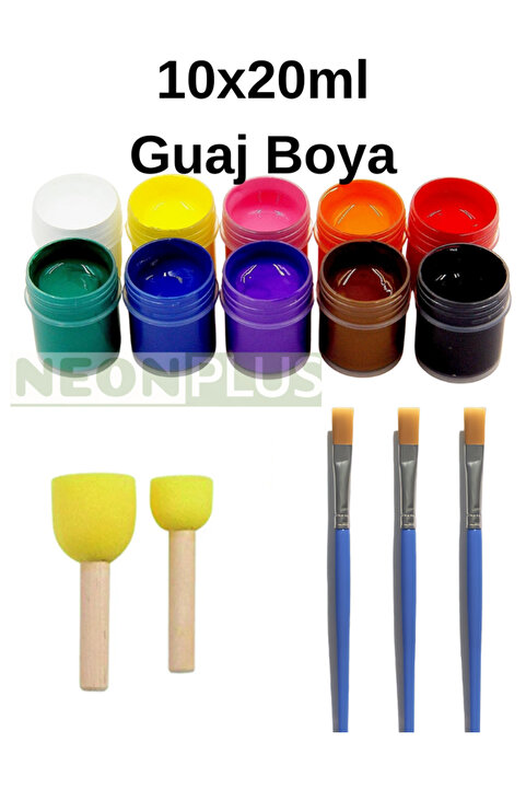 NEON PLUS Guaj Boya 10x20ml Ponpon,3'lü Fırça, Boyama Seti