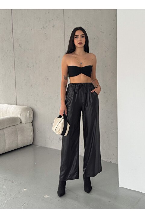 Noa Noa Lastikli Deri Görünümlü Parlak Kadın Yüksek Bel Pantolon