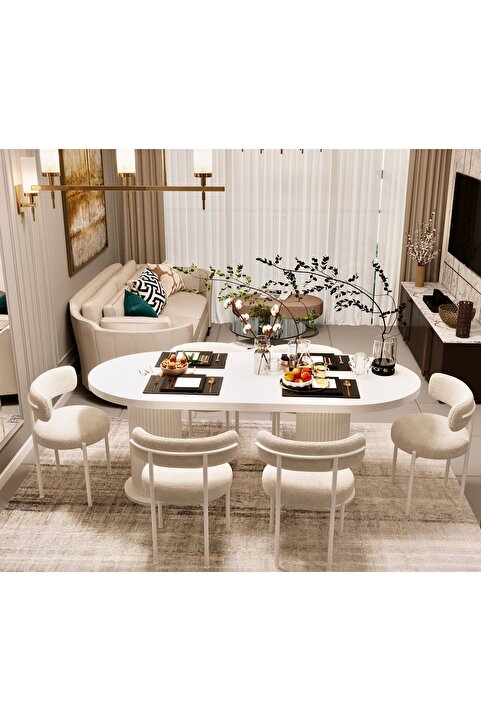 Avvio Veyron Bohem Ayak Beyaz Sandalye 80x160 Yemek Masası Mutfak Masası 6 Sandalyeli Masa Sandalye Takım